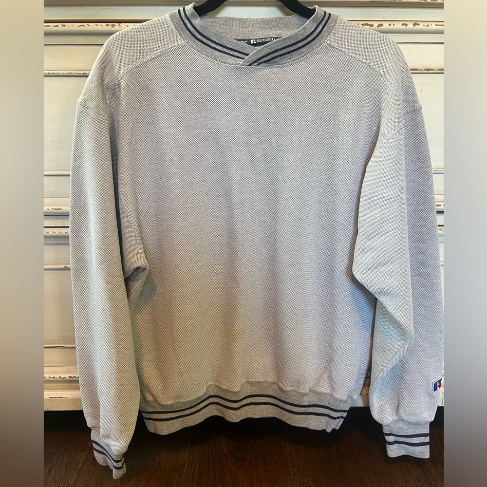 Russell Athletic Waffle V Neck Sweater with Stripes at Collar, Cuffs & Waistband